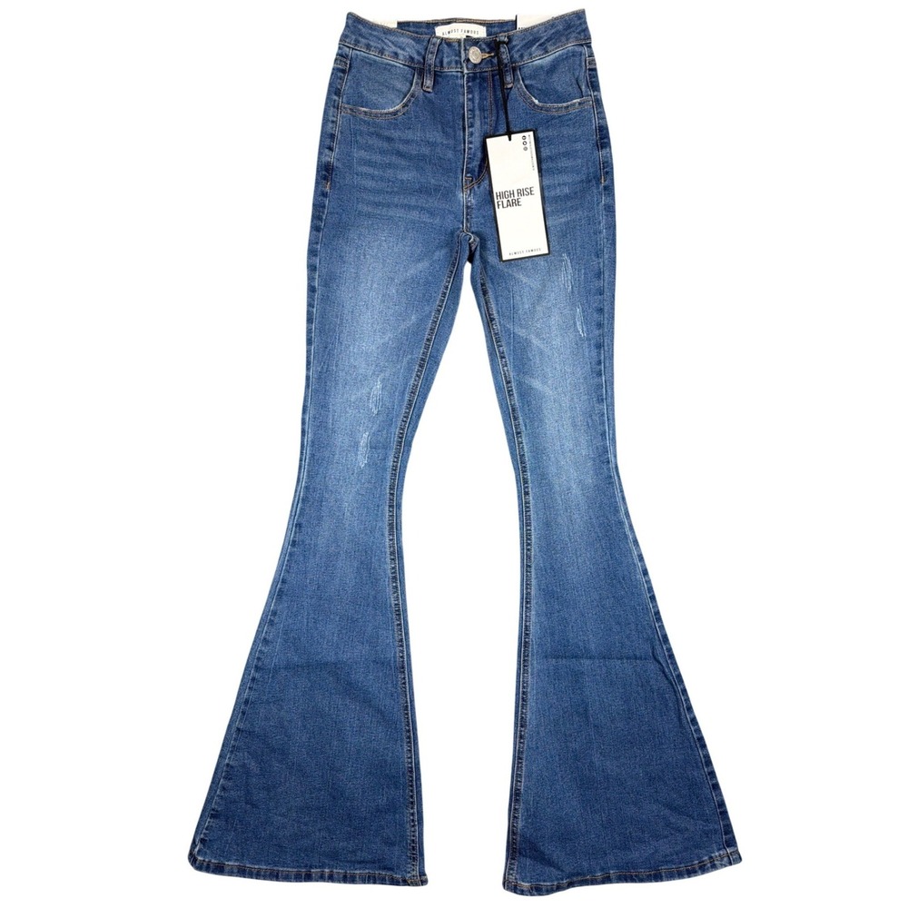 Almost Famous Women High Rise Flare Jeans Blue Medium Wash Size 0 NWT Distressed